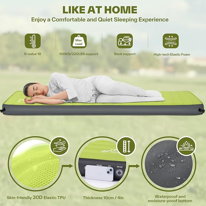 Sportneer Self Inflating Sleeping Pad, 4" Ultra-Thick Elasticity Foam Sleeping Mats for Camping, 4-Season Insulated Durable Camping Mat Air Mattress for Car Travel Tent Home