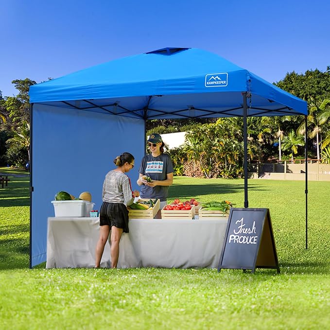KAMPKEEPER 10x10 Pop Up Canopy Tent with 2 Sidewalls - Waterproof Outdoor Shelter for Sun Shade, Camping, Beach, Patio and Backyard Events, Blue