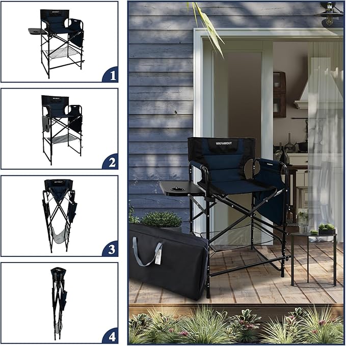 Tall Folding Directors Chair with Side Table 26.77" Seat Height Foldable Camping Chair Bar Stool for Makeup Artist Face Painting with Footrest and Storage Pocket Supports 350LBS