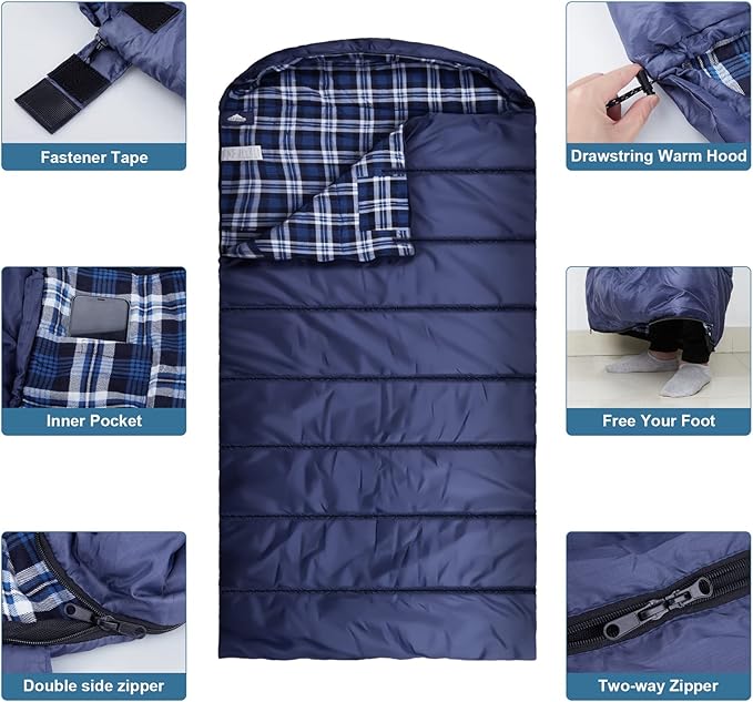 AGEMORE Cotton Flannel Sleeping Bag for Adults, Lightweight XXL Cotton Sleeping Bag for Camping Backpacking or Hiking, Water Resistant 3-4 Season Sleeping bag for Warm & Cool Weather