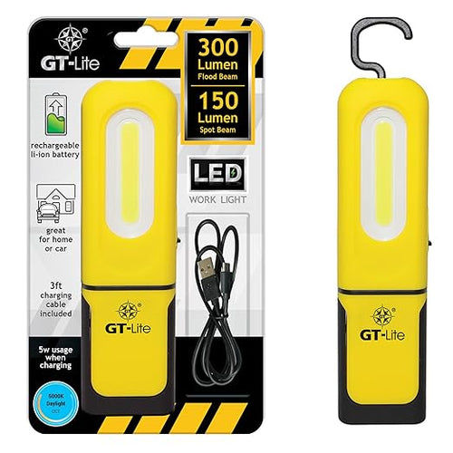 LED Rechargeable Work Light 300 Lumen Flash Light, 6ft Cable, Hanging Hook, Magnetic Base, Kickstand, 3 Settings, High/Low/Flashlight, Emergency Kits, Camping Light, Utility, Plumbing Light
