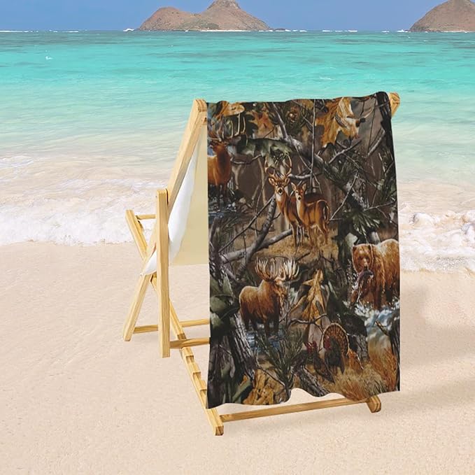Camo Beach Towel Hunting Deer Bear, Aldult Quick Dry Camping Bath Towel, Absorbent Thin Lightweight Beach Blanket for Sports Travel Pool Swimming Bathroom 30 x 60 in