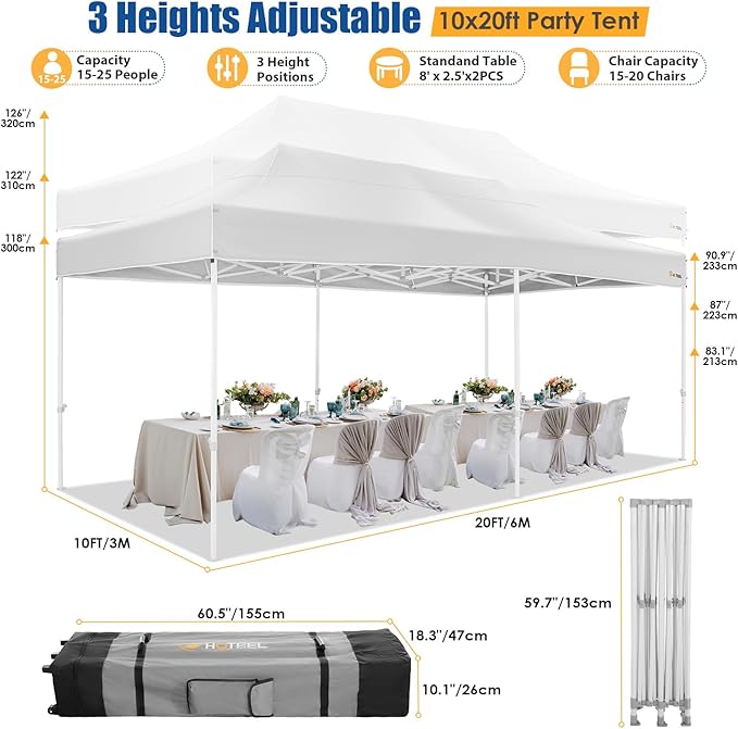 HOTEEL 10x20 Pop up Canopy Tent for Parties, Heavy Duty Easy Setup Tent Without Sidewalls, Outdoor Commercial Instant Gazebo for Wedding Event, with Roller Bag & Sand Bags, White(Hexagonal Frame)