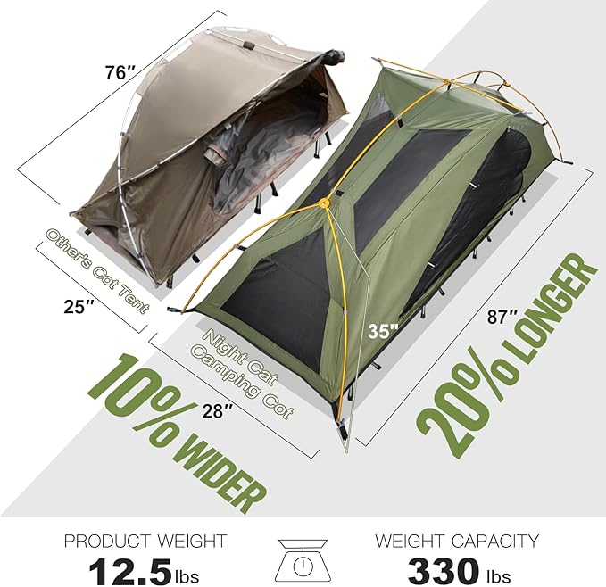 Night Cat Camping Cot Tent for 1 Person Off Ground Elevated Tent Cot Foldable Camping Sleeping Bed with Rainfly Waterproof Green