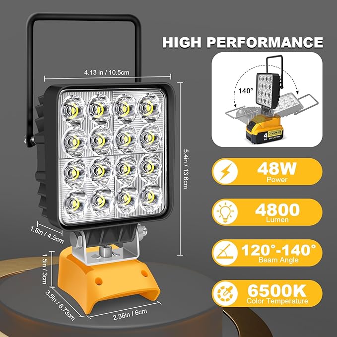 Portable LED Work Light for Dewalt 20v Battery,Dewalt Battery Light with Power Functionality and Rotating Stand,Rechargeable Flood Light,48W 4800LM Flashlight for Garage & Jobsite Lighting