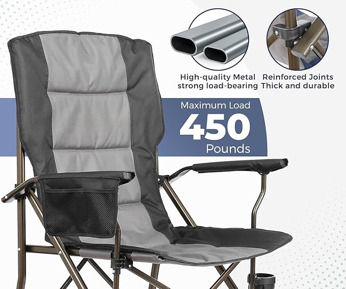 Large High Back Camping Chair for Adults - Comfortable Oversized for Tall People, Heavy Duty & 450lbs Capacity K-Frame, Padded Seat & Armrests for Sitting Fishing Outside, Cup Holder (Black)