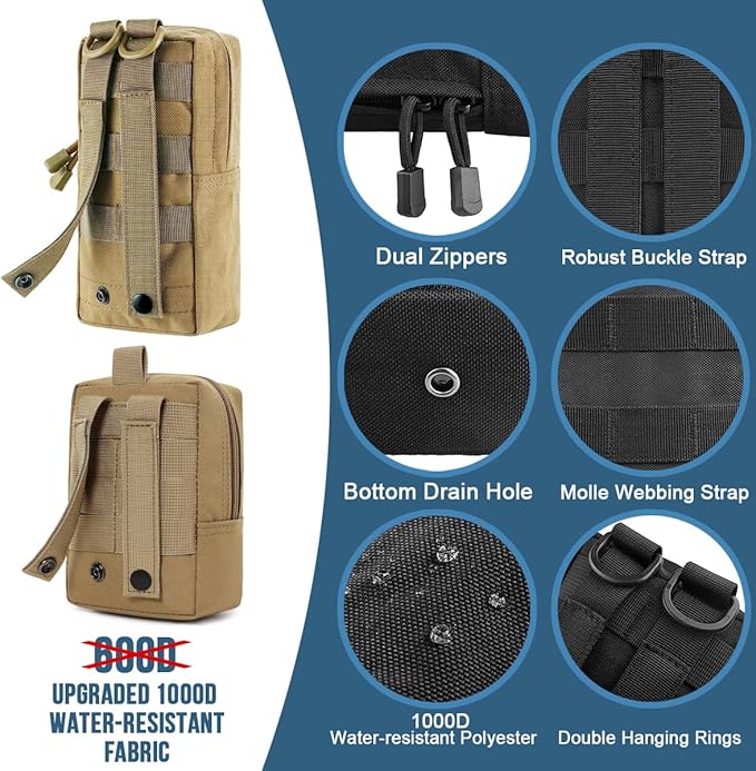 MUCHER 2 Pack Molle Pouches Tactical Pouches EDC Pouch Organizer Molle Bag Utility Pouch with 4 Carabiners for Outdoor Hiking Hunting Camping Training