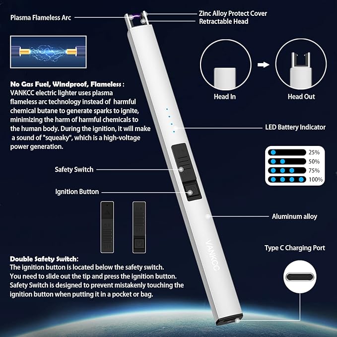 Lighter Electric Lighter Candle Lighter USB Lighter Rechargeable Lighter Arc Lighters for Candle Camping Family Use BBQs with LED Battery Display Safety Switch Flameless Windproof (Silver)