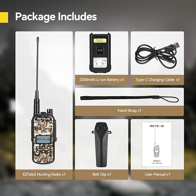 Retevis EZTalk 2 GMRS Two way Radio, IP67 Waterproof Walkie Talkies, 2200mAh Battery, Hunting Radios with 7 Hunting Calls, NOAA, USB C, Long Range Walkie talkies for Hunting Camping (1 Pack)