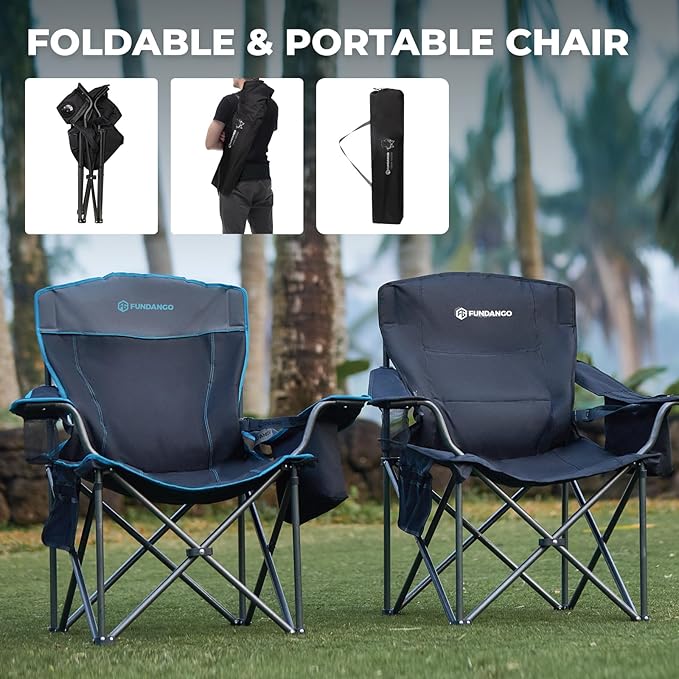 FUNDANGO Oversized Camp Chair, 2 Pack,550lbs Heavy Duty Portable Foldable Lawn Chair with Padded Lumbar Support Seat & Back, 4-can Cooler & Cup Holder, Carry Bag Included for Outdoor (Black/Grey)