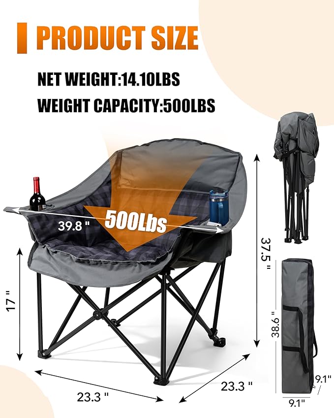 Oversized XL Camping Chair for Adults, Heavy Duty Padded Folding Camp Chairs with Cup Holder, Supports 500lbs, Large Outdoor Widen Comfy Lawn Chairs for Tailgating Sports Beach Yard