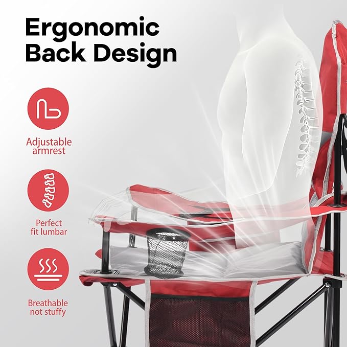 XMT Extra Wide Armrests Portable Folding Chair with Cup Holder Cooler Bag Heavy Duty 600D Oxford Fabric Supports 450lbs Compact Foldable Camping Chair for Outdoor Beach Picnic Sports