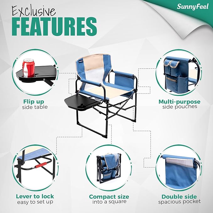 SUNNYFEEL Oversized Camping Directors Chair, Portable Folding Lawn Chairs for Adults Heavy Duty with Side Table,Pocket for Beach, Fishing,Picnic,Concert,Tailgating, Outdoor Foldable Camp Chair
