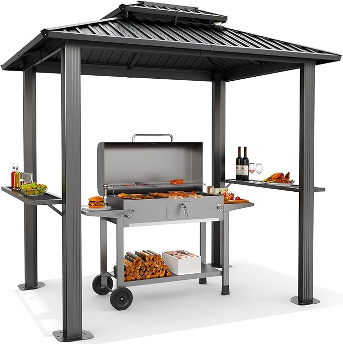 Hoteel 6x8 Hardtop Grill Gazebo, Outdoor Patio BBQ Gazebo with Galvanized Steel Double Roof, Hardtop Barbecue Canopy with 2 Side Shelves for Deck Lawn Backyard Garden,Black