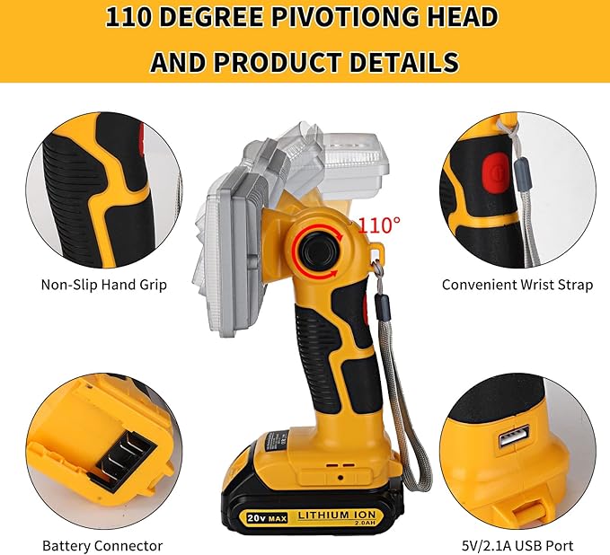 YEX-BUR 2000LM LED Work Light for Dewalt 20V Battery, 18W LED Floodlight Flashlight with USB-A Fast Charging Port for Jobsite, Car Repairing, Camping, Emergency