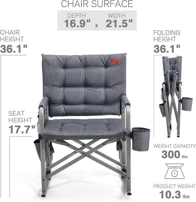 EVER ADVANCED Lightweight Rocking Chair Outdoor, Padded Rocker Camping Chair for Adults, Portable Hard Armchair for Patio and Lawn, Grey