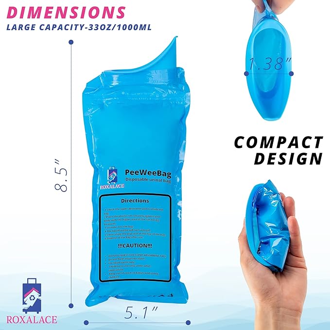 ROXALACE® Resealable Disposable Urinal Bags, 12 Pack 1000 ml Unisex Urine Bag Travel Traffic Jam Emergency Urinals Bag, Camping Pee Bags, Portable Toilet Pee Bags for Men Women Kids Patient
