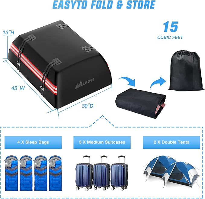 Nilight Car Roof Bag 15 Cubic Feet Waterproof Rooftop Cargo Carrier,Suitable for All Vehicle with/Without Rack - Waterproof Zip,Reflective Strip,Anti-Tear 840D PVC, with Anti-Slip Mat