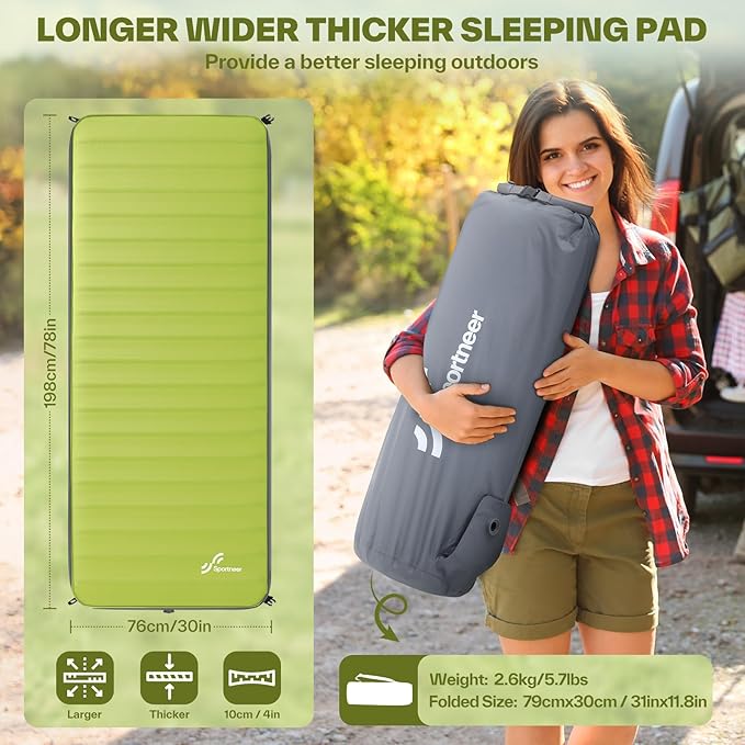 Sportneer Self Inflating Sleeping Pad, 4" Ultra-Thick Elasticity Foam Sleeping Mats for Camping, 4-Season Insulated Durable Camping Mat Air Mattress for Car Travel Tent Home