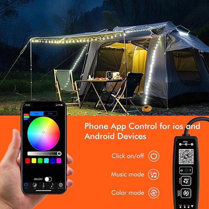 Camping Lights String,Tape Tent Lights RGB with 100 Modes Music Sync Color Changing APP Control Waterproof 13/26 FT ,Led Camping Lantern Retractable for Emergency Yard Camping Decoration (26 Ft)