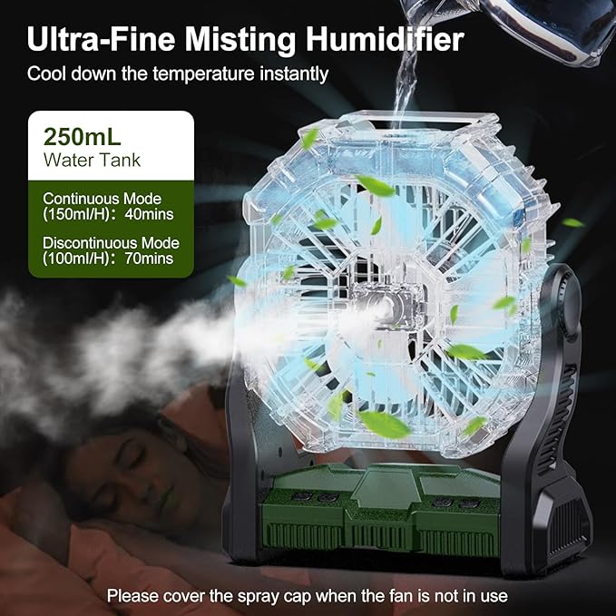 Odoland Portable Misting Fan with LED Light, 10000mAh Battery Operated Rechargeable Camping Mister Fan with 250mL Water Tank and Hook, Outdoor Tent Cooling Mist Fans for Patios Beach Home, Green