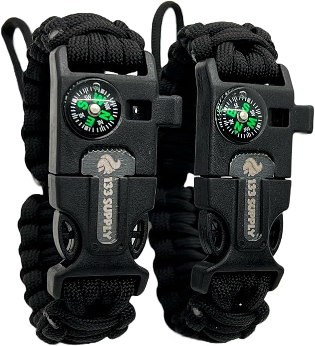 Adjustable Paracord Bracelet Compass Hiking Survival Whistle Loud, Emergency Fire Starter Kit, Camping Accessories Fishing Hunting EDC Backpacking Gear, Tactical Survival Gear and Equipment