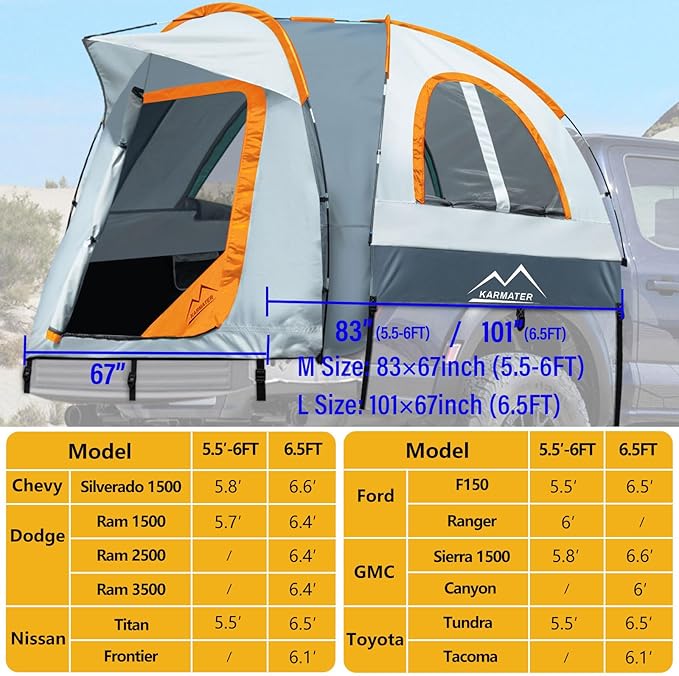 Pickup Truck Tent, Waterproof PU2000mm for Camping 5.5-6.5 Ft Bed, 2-Person Sleeping With Double Layer Design Windows, Expandable Triangle Sunshade Awning