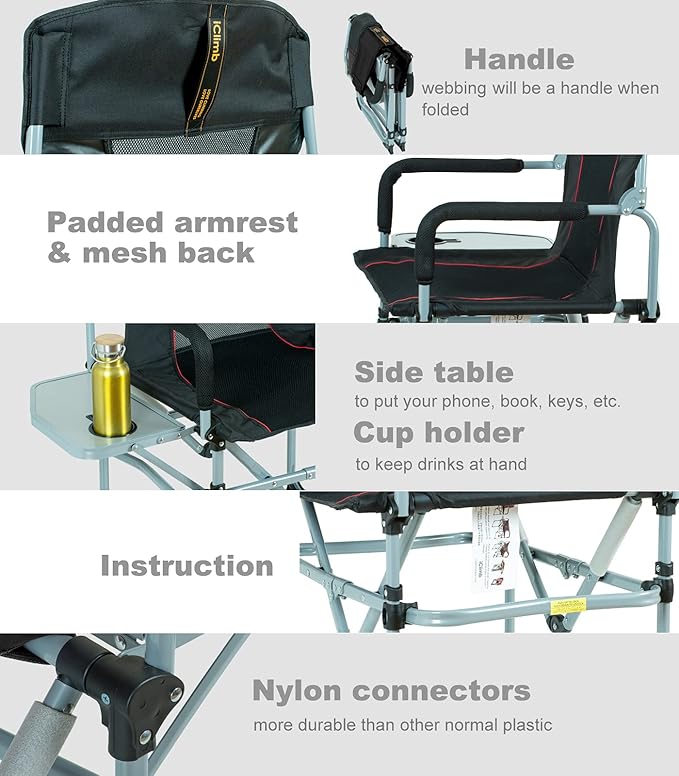 iClimb Heavy Duty Compact Camping Folding Mesh Chair with Side Table and Handle