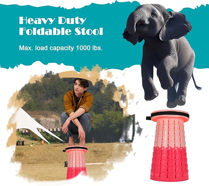 2025 Upgraded XXL Collapsible Stool with Cushion, 1000 lbs Capacity & 19.7-in High, Wider & Taller Heavy Duty Portable Telescoping Foldable Seat for Adults Camping, Travel, Music Festivals, Outdoors