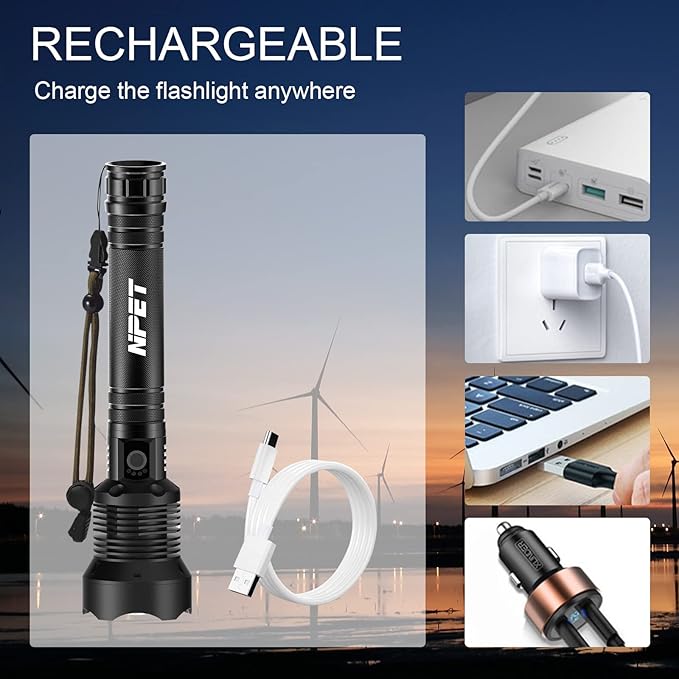 NPET XHP70 LED Flashlight USB Rechargeable Tactical Flashlight, Super Bright 2000 Lumens Zoomable Flashlight Camping, Hiking, Home, Outdoor and Emergency, with Waterproof and Shock Resistant