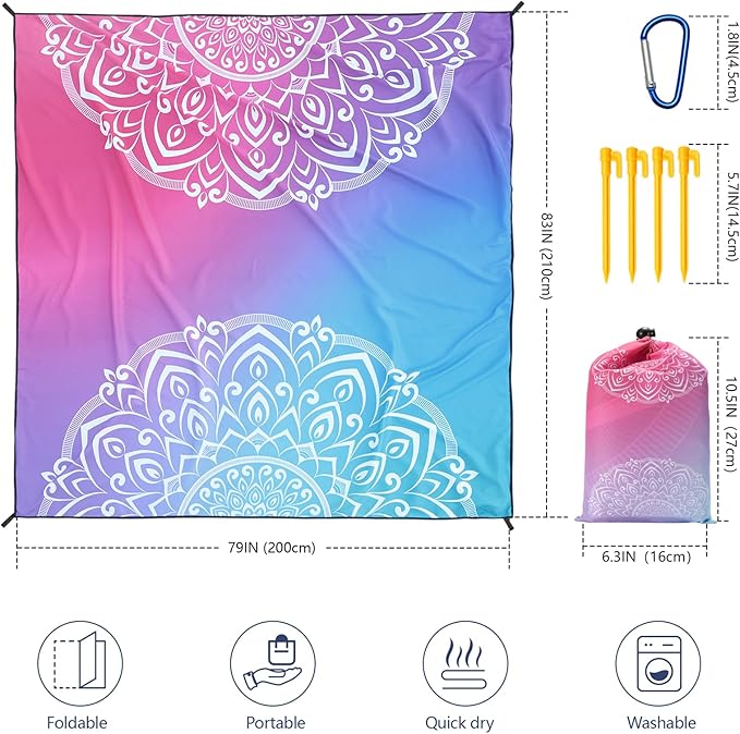 Beach Blanket, Sandproof Beach Mat, Waterproof Quick Drying Lightweight Outdoor Aztec Picnic Mat 79" X 83"/120"x108" for 2-8 Adults for Travel, Camping, Hiking