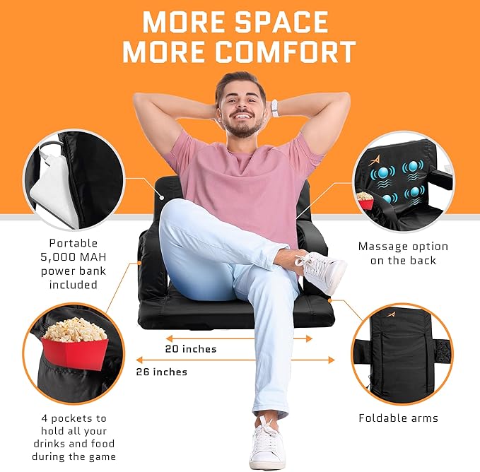 Massage Bleacher Seat with Backrest Stadium Seats for Bleachers Stadium Seat Cushion Stadium Seating for Bleachers, USB Battery Included - Upgraded 3 Levels of Massage - Memory Cushioned, 4 Pockets