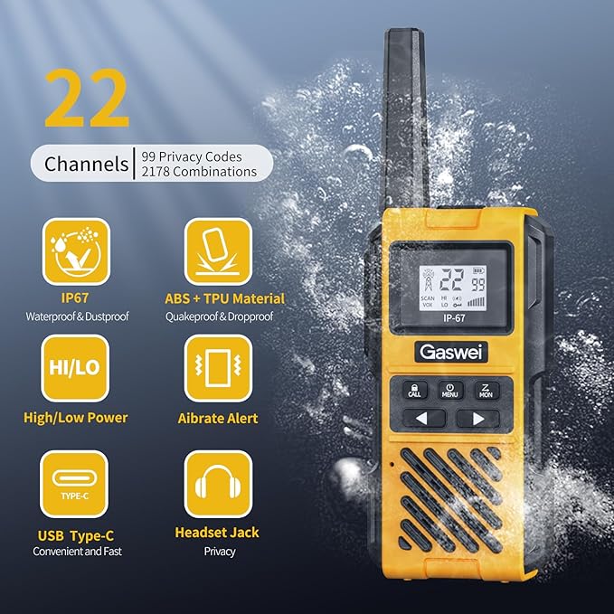 Gaswei G1pro Heavy Duty Walkie Talkies for Adults, Rechargeable Two Way Radios Long Range, 2 watt Emergency Radio, IP67 Waterproof, VOX,Rechargeable, Portable, FRS, Durable, USB Type-c (2 pack)