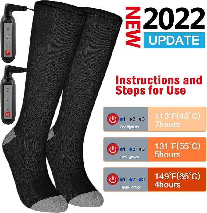 Heated Socks, 3 Heating Temperature Adjustable Rechargeable Electric Foot Warmer Socks Men Women Winter Socks for Camping | Hiking | Skiing | Hunting, Black