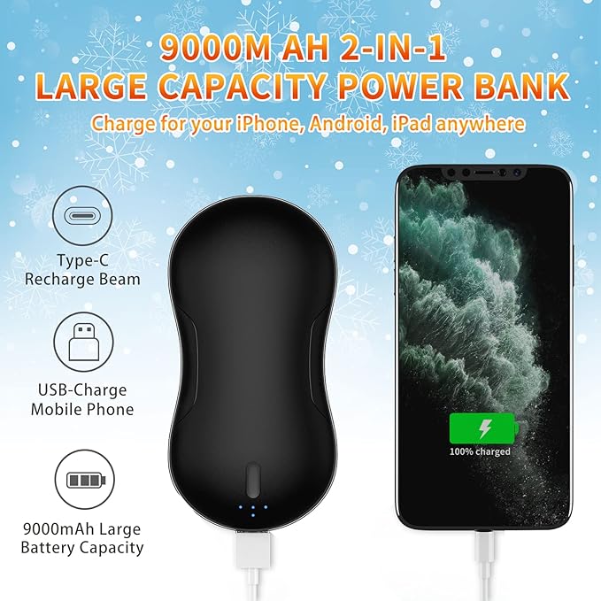 Hand Warmers Rechargeable USB Electric Hand Warmer 9000mAh Double-Sided Hot Handwarmer Portable Reusable & Power Bank for Outdoor Sports, Camping, Hunting, Winter Warm Gifts for Women, Men