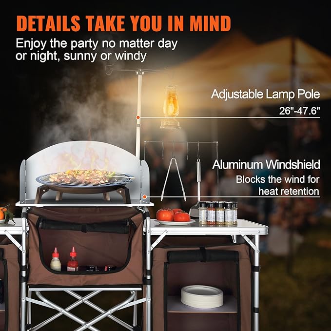 VBENLEM Camping Kitchen Table, Aluminum Portable Folding Camp Cook Table with Windshield, 3 Cupboard, Storage Organizer, Quick Installation for Outdoor Picnic Beach Party Cooking, Brown
