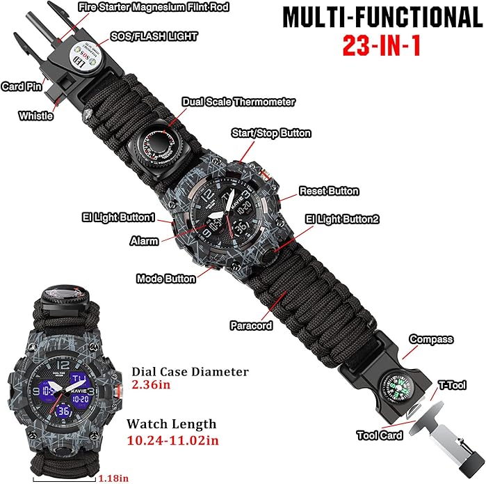 23-in-1 Survival Military Digital Watch, Mens Tactical Multi-Functional and Adjustable Wristband Outdoors Waterproof Sports Dual Dial Watches with Compass Paracord Band