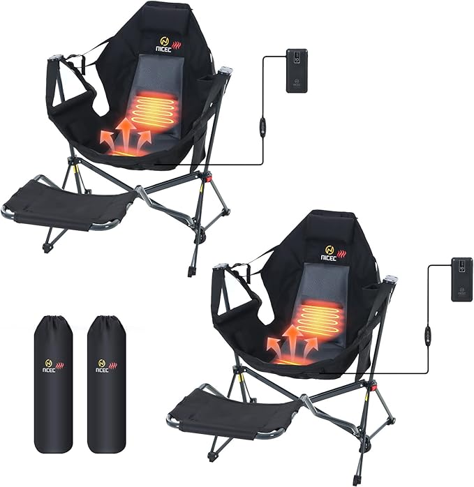 Nice C Heated Hammock Camping Chair with Footrest, Heated Camping Chair with Battery, Rocking Swing Chairs, Hammock Chairs with Stand, Heavy Duty (2, Heat Black W/Footrest)