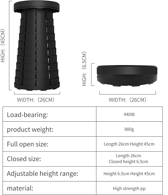 ALEVMOOM Upgraded Portable Collapsible Folding Stool Retractable Telescoping Stool for Adults Sturdy Capacity 440lbs Camping Chair for Outdoor Hiking Garden BBQ