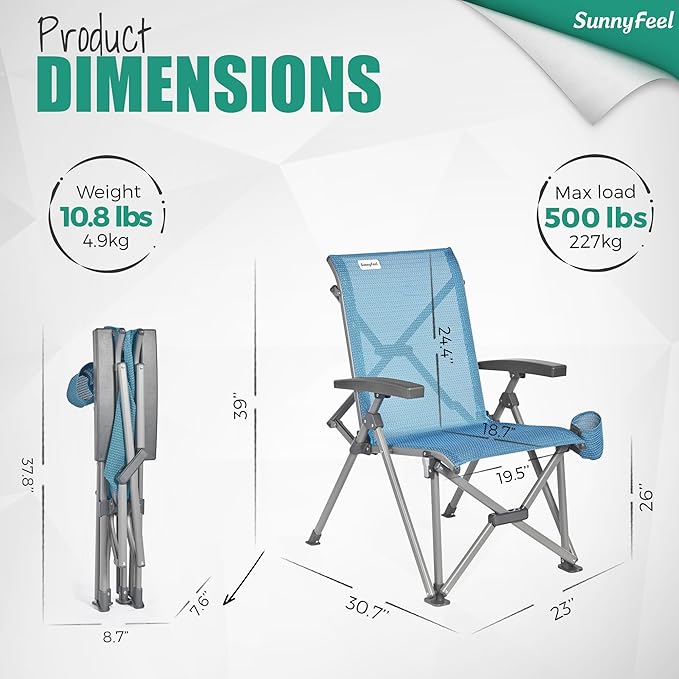 SUNNYFEEL Ergonomic High Back Camp Chair - 500lbs Heavy Duty Folding Chair, UV-Resistant Portable Camp Chair with Hard Armrests, Cup Holder& Bag for Outdoor, Basebal, Travel, Sports, Hiking, Fishing