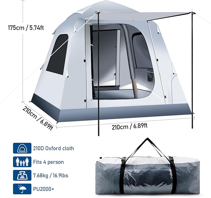 Easy Set up Quick Inflatable Camping Tent with Automatic Pump, 3-4 Person Camping Outdoor Air Blow Up Tents Rainfly & Windproof Portable