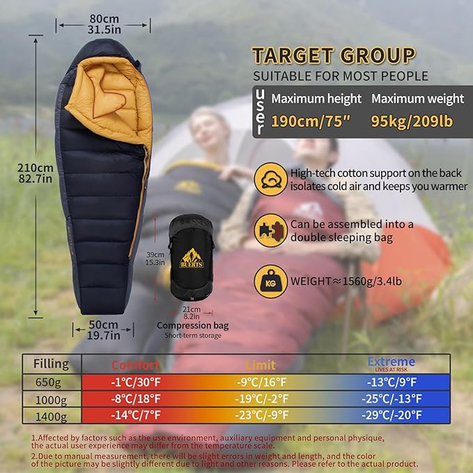 Down Sleeping Bag for Adults Cold Weather Ultralight & Compact 680FP Backpacking Sleeping Bag for Camping, Hiking, Mountaineering