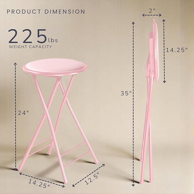 Lavish Home Set of 2 Counter Height Bar Stools – 24-Inch Backless Folding Chairs with 225lb Capacity for Kitchen, Rec Room, or Game Room (Pink)