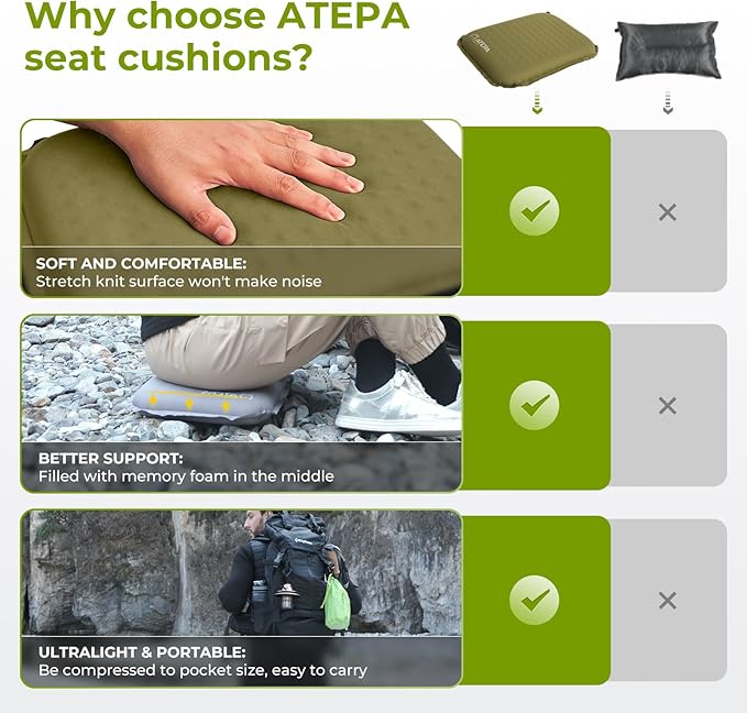ATEPA Inflatable Stadium Seat Cushion, Self-Inflating Memory Foam Stadium Seats Camping Accessories Chair Pad for Outdoor Airplane Travel Bleacher Patio Backpacking