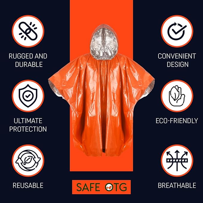 Emergency Survival Rain Poncho 4 pack Thermal Mylar Space Blanket Orange Life Ponchos Blankets with Hood Waterproof for Adults Car Outdoor Activities Hiking Camping Gear Equipment and Supplies