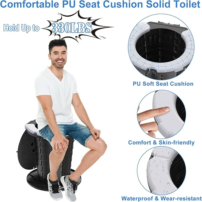 CKE Upgraded Retractable Portable Toilet for Camping with Soft PU Cushion, 300LBS Folding Toilet Adjustable Height Camping Toilet for Adults Kids, Portable Potty Travel Foldable Toilet for Camping/Car