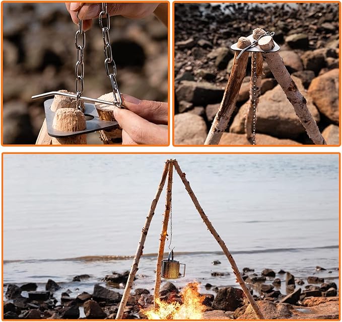 Hand Auger Wrench Survival Tools for Bushcraft - Scotch Eye Wood Drill Bit for Camping Outdoor Wood Peg and Hole Maker, Portable Camping Tripod with Adjustable Chain