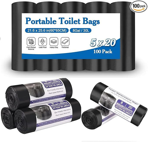 100 Portable Toilet Bags 8 Gallon, Thickened Biodegradable Camping Toilet Bags, Compostable Toilet Waste Bags for 5 Gallon Bucket Toilet, Outdoor Boating Travel Toilet Bags for Travel, Boating