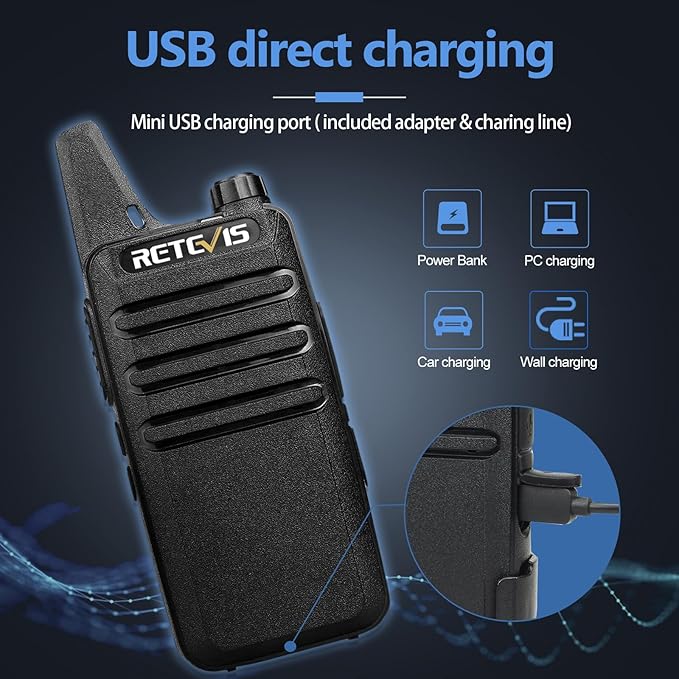Retevis RT22 Walkie Talkies, Mini 2 Way Radio Rechargeable, VOX Handsfree, Portable, Two-Way Radios Long Range with Earpiece, for Family Road Trip Camping Hiking Skiing(2 Pack, Black)