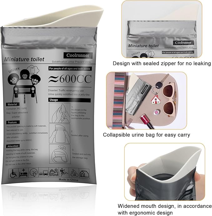 Coolrunner Disposable Urine Bags,8/12/20/24 Pack Camping Pee Bags, Disposable Urinals Vomit Bags for Travel Urinal Toilet Traffic Jam Emergency Portable Toilet Bee Bag for Men Women Kids Patient